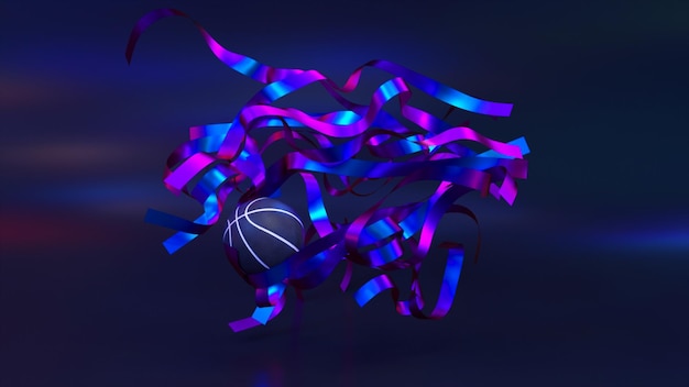 Cluster di nastri al neon viola blu un pallone da basket blu vola attraverso i nastri rallentatore sfondo astratto