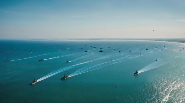 Cluster of Boats Sailing in the Ocean