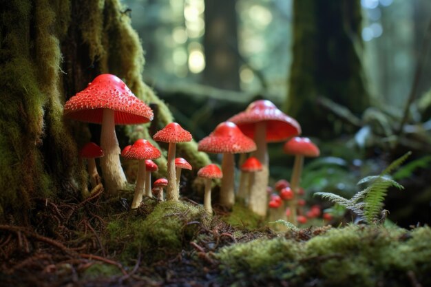 A cluster of bright red toadstools on a mossy forest floor