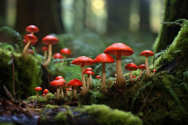 Photo a cluster of bright red toadstools on a mossy forest floor