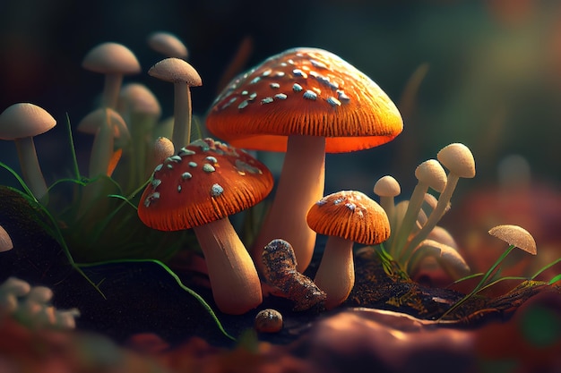 A cluster of brown mushrooms growing on moss with a blurry background Generative Ai