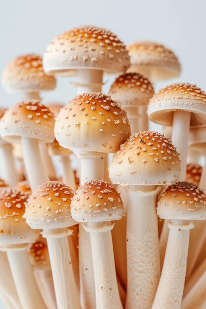 Photo a cluster of brown mushrooms with white spots on their caps