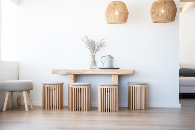 A cluster of circular wooden stools in a minimalist room