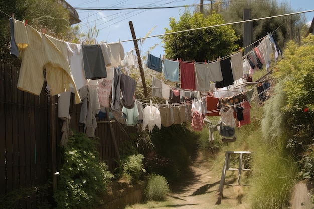 Cluster of clotheslines each with its own unique collection of clothing created with generative ai