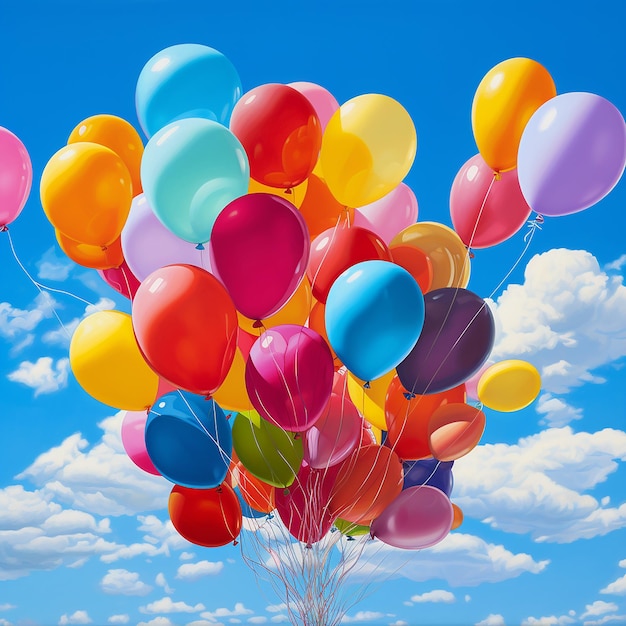 Foto un gruppo di palloncini colorati che galleggia pigramente attraverso un cielo blu limpido