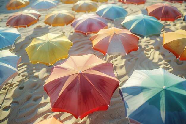 Foto un gruppo di ombrelli da spiaggia colorati su un sa dorato