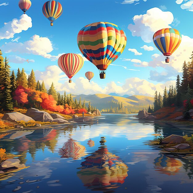 A cluster of colorful hot air balloons form the sky above the lake