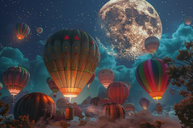 A cluster of colorful hot air balloons under a ful