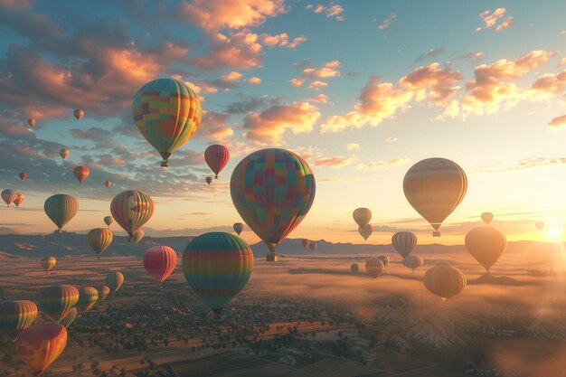 Photo a cluster of colorful hot air balloons rising at s