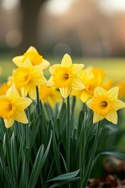 A cluster of daffodils their golden trumpets heralding the arrival of spring