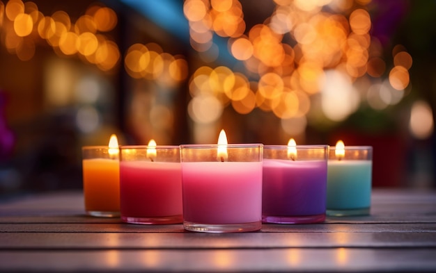 A cluster of flickering candles arranged on a rustic wooden table