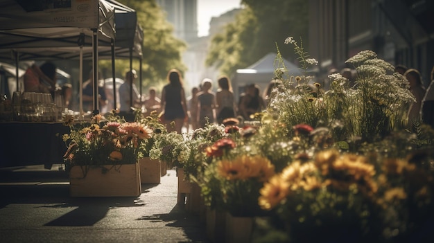 a cluster of individuals may be seen strolling along a street close to a bouquet of flowers