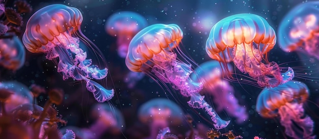 Cluster of Jellyfish Drifting in Ocean