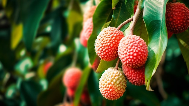 A cluster of lychee fruits on a tree