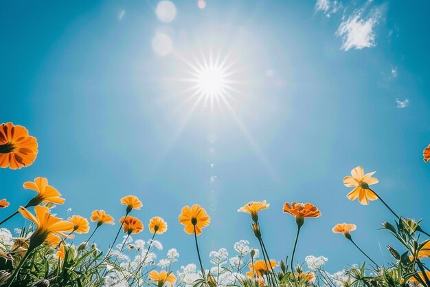 A cluster of marigold flowers against a clear blue sky