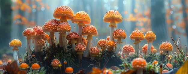 Photo cluster of mushrooms emerging from the forest background