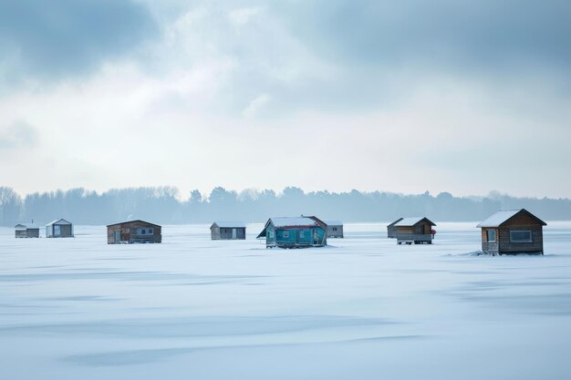Фото Кластер небольших домов посреди покрытого снегом поля снежный пейзаж с ледяными рыболовными хижинами, разбросанными по замерзшему озеру
