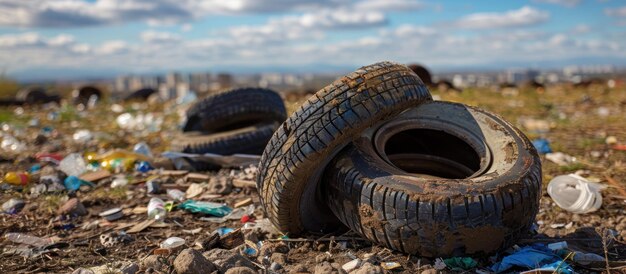 Cluster of Old Tires on Grass Field