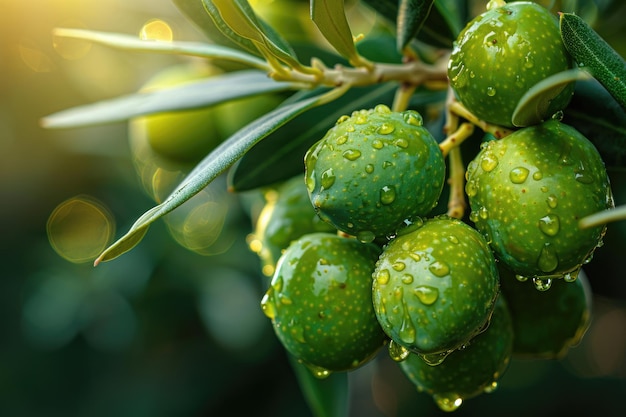 A cluster of olives growing on a tree with their wrinkled skin and vibrant green color