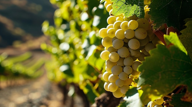 A cluster of pale grapes among the grape foliage in a vineyard of Canarian grape cultivar