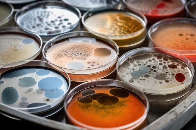 Cluster of petri dishes with various cultures including mold and bacteria created with generative ai