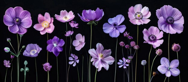 Cluster of Purple Flowers on Black Background