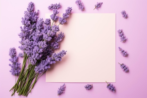 A cluster of recently harvested lavender rests on a soft pink backdrop accompanied by vibrant viole