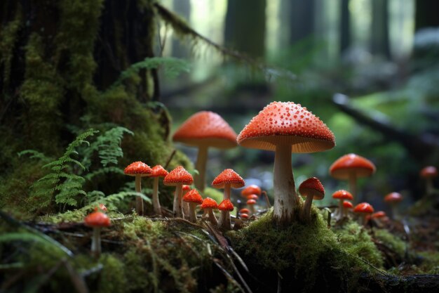 A cluster of red toadstools against a mossy forest floor