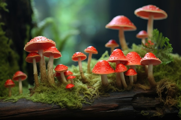 Кластер красных грибов на фоне мохового бревна
