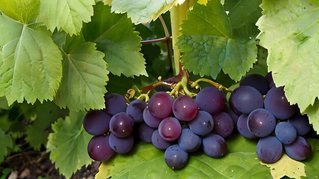 A cluster of ripe grapes nestled in a bed of green leaves