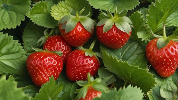 A cluster of ripe strawberries nestled in a bed of green leaves