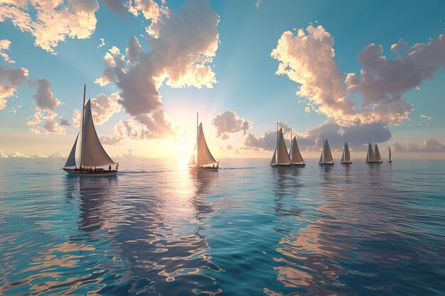 A cluster of sailboats on a calm sea