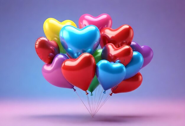 A cluster of shiny heartshaped balloons in various colors against a gradient background