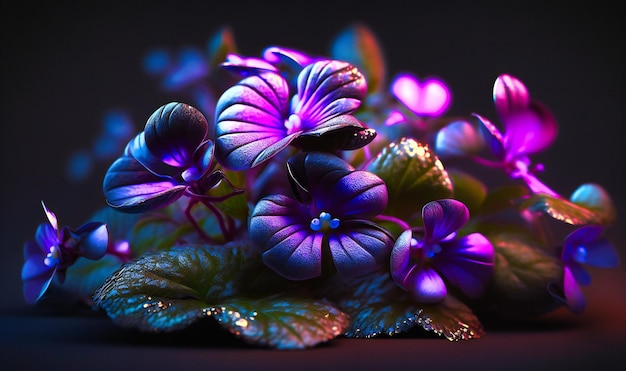 小さな紫色のスミレのクラスターが繊細な花びらを作り、黒い背景に見事なディスプレイを作成します