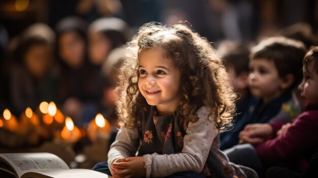 Foto un gruppo di bambini piccoli seduti con le gambe incrociate ascoltano attentamente una storia colorata letta ad alta voce da una bibliotecaria