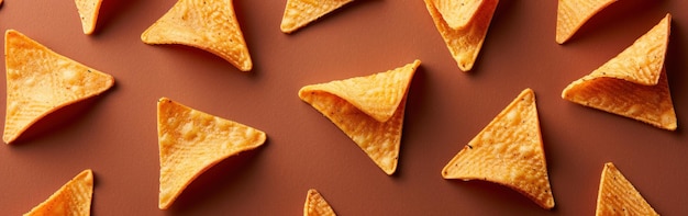 A cluster of triangular yellow tortilla chips resting on top of a table