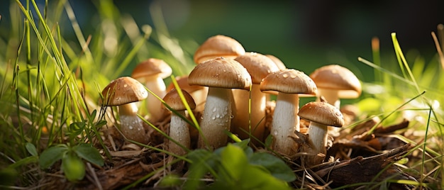 Cluster of tubular mushrooms in a lush meadow