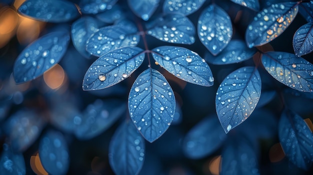 Cluster van blauwe bladeren met waterdruppels