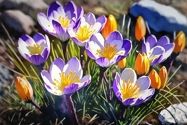 Foto cluster van krokussen in een veld met wilde bloemen