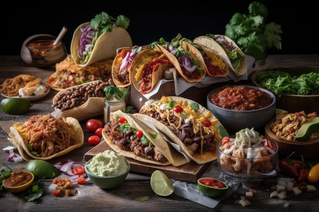 Cluster van taco's, burrito's en nacho's met verschillende vullingen en toppings gemaakt met generatieve ai