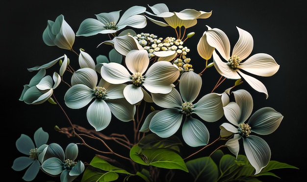 A cluster of white dogwood blossoms their delicate petals creating a stunning display on a dark background