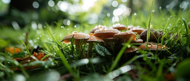 草 の 中 に ある 野生 の キノコ の 群れ