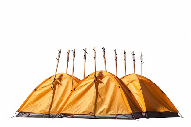 Photo cluster of yellow tents arranged together in a campsite on a white or clear surface png transparent background