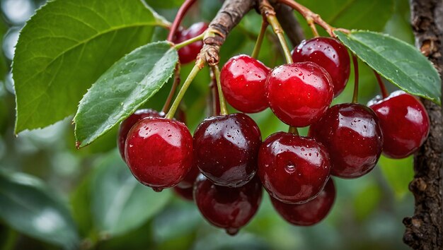 Clusters of ripe succulent cherries hang temptingly
