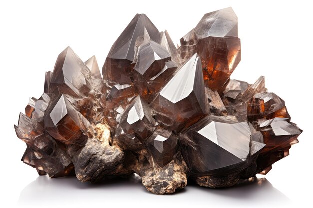 Clusters Of Smoky Quartz Mineral Stones On White Background Pure Translucent Dark Brown Generative AI