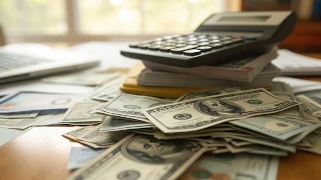 Photo a cluttered table with a stack of bills and a calculator on top