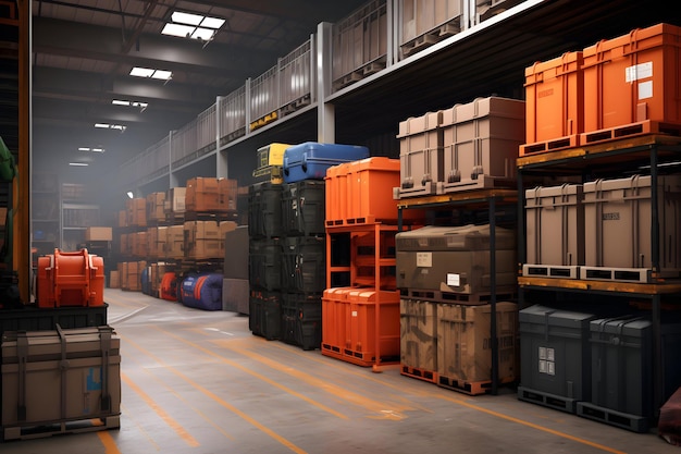 A cluttered warehouse filled with boxes and containers