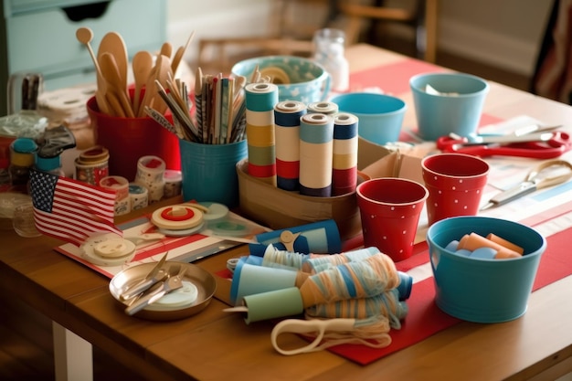 Photo cluttered wooden table filled with various craft supplies generative ai