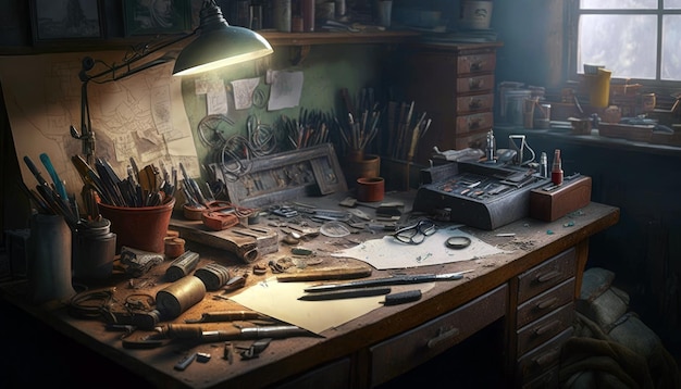 A Cluttered Workbench With Tools And Materials Strewn About Generative AI