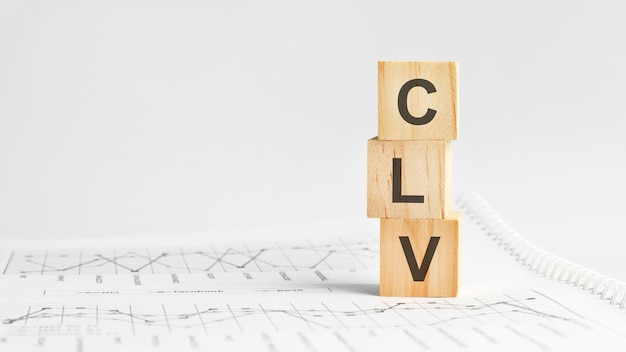 녹색 배경의 큐브 및 다이어그램에 대한 나무 큐브 개념의 CLV 문자 왼쪽 전면 보기의 텍스트에 대한 일반적인 개념의 비즈니스 이미지 공간 CLV는 Customer Lifetime Value의 약자입니다.